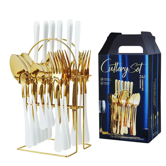Set Tacâmuri 24 Piese Alb cu Auriu – Oțel Inoxidabil, Finisaj Lucios, Suport Depozitare, Design Elegant pentru Masă Modernă