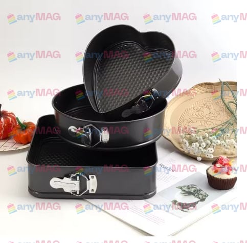 Set 3 Tăvi Tort – Forme Rotundă, Pătrată și Inimă, cu Fund Detașabil, Antiaderente