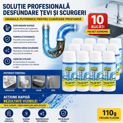 Set 10 x Soluție Profesională Desfundare Țevi și Scurgeri 110g, Granule Puternice pentru Chiuvetă, WC, Cadă și Duș, Cleaner Canalizare pentru