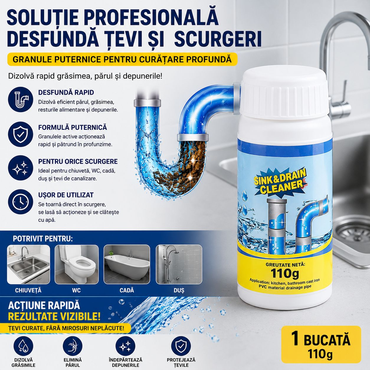 Soluție Profesională Desfundare Țevi și Scurgeri 110g, Granule Puternice pentru Chiuvetă, WC, Cadă și Duș, Cleaner pentru Canalizare și Dizolvare