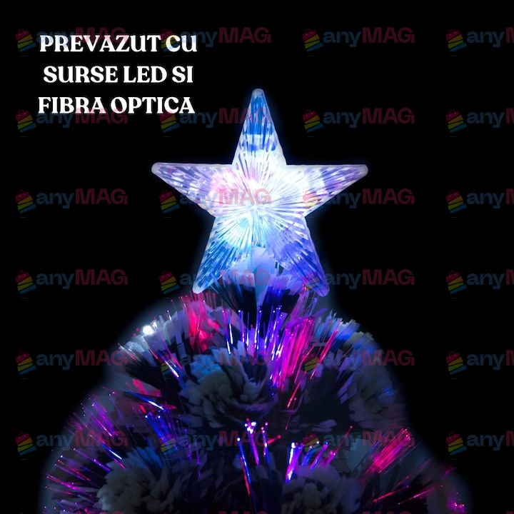 Brad Artificial de Crăciun 210 cm cu Fibra Optică, 240 LED-uri RGB, Suport Metalic, Transformator și Vârf Stea – IP20, Verde