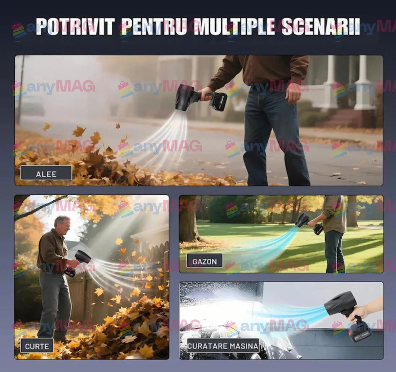 Suflanta aer profesionala portabila, indepartare apa, praf si zapada, 555 metri cubi negru, cu 2 acumulatori 48V + Acumulator Universal 48V F