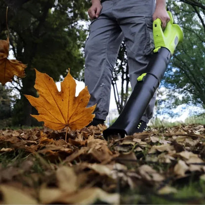 Suflantă Electrică de Frunze cu 2 Acumulatori 3500W – 12.000 RPM, 2.3 m³/min, Fără Fir, Ideală pentru Curte și Grădină, Negru/Verde