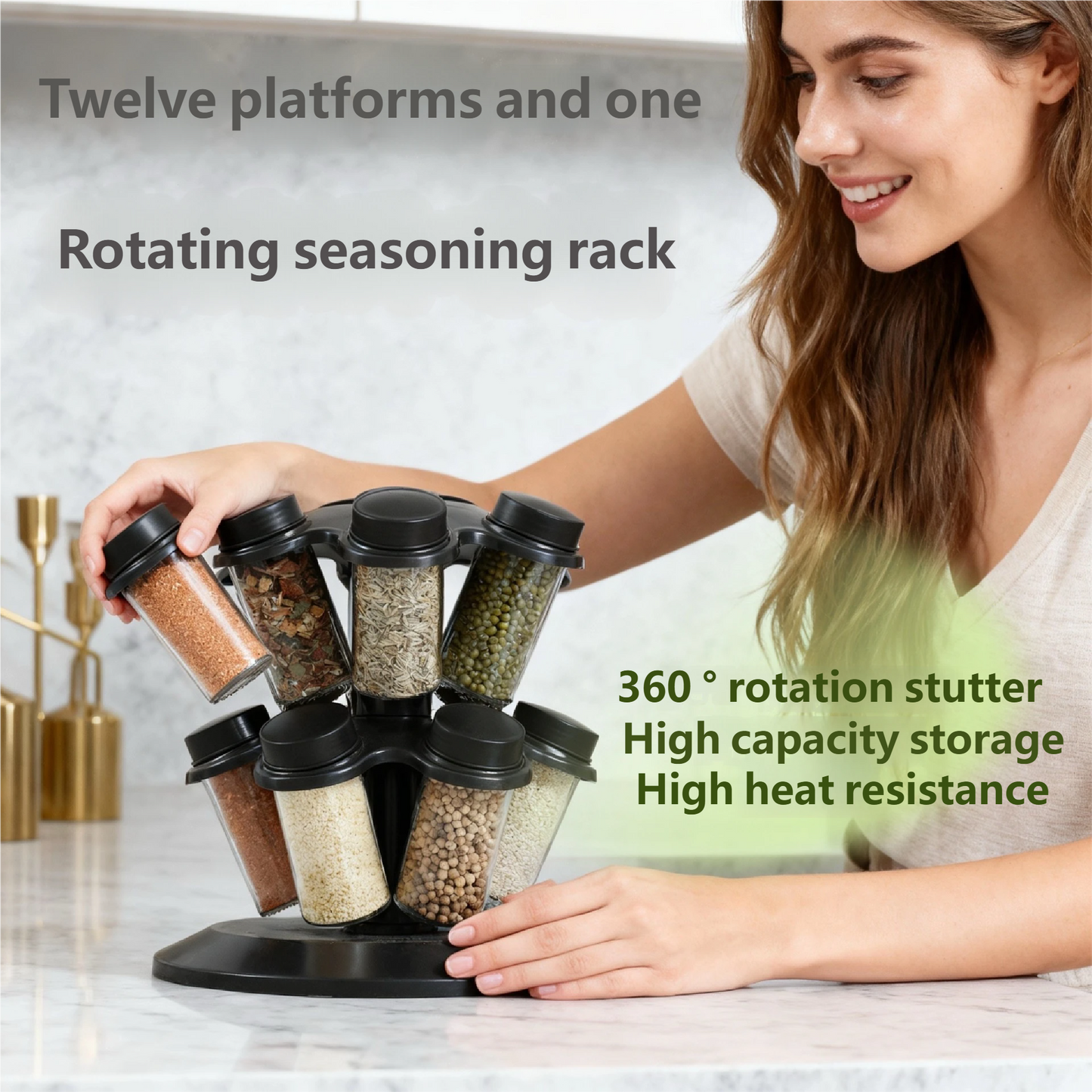 Suport rotativ pentru condimente 12 în 1 – Organizator bucătărie premium cu 12 borcane din sticlă, raft rotativ 360°, economisire spațiu