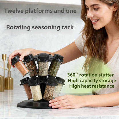 Suport rotativ pentru condimente 12 în 1 – Organizator bucătărie premium cu 12 borcane din sticlă, raft rotativ 360°, economisire spațiu
