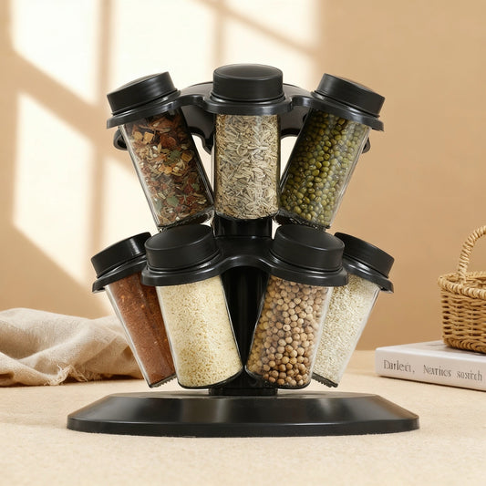 Suport rotativ pentru condimente 12 în 1 – Organizator bucătărie premium cu 12 borcane din sticlă, raft rotativ 360°, economisire spațiu