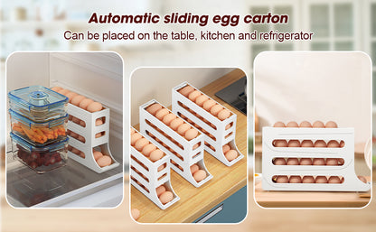Suport Organizator Ouă pentru Frigider cu Rulare Automată, 4 Niveluri, Capacitate 30 Ouă, Design Compact Economisire Spațiu, Alb