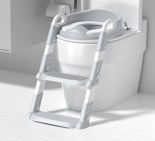 Scaun toaletă copii cu scară pliabil, reductor WC cu spătar și mânere, anti-alunecare – antrenament oliță, design ergonomic