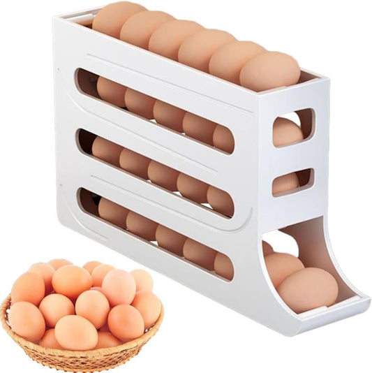 Suport Organizator Ouă pentru Frigider cu Rulare Automată, 4 Niveluri, Capacitate 30 Ouă, Design Compact Economisire Spațiu, Alb