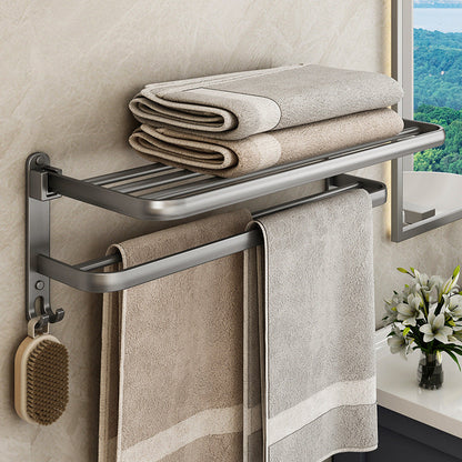 Suport Prosoape Baie Pliabil 60 cm, Aluminiu Premium Anti-Rugina, cu Poliță și Cârlige, Montaj Fără Găurire sau cu Șuruburi, Gri Antracit