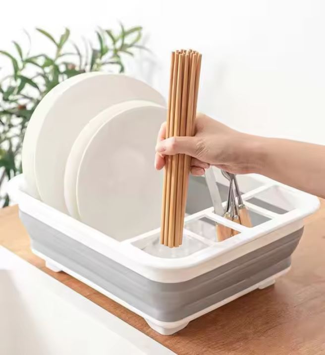 Uscător Pliabil pentru Vase și Tacâmuri cu Picurător – Silicon Premium, Alb/Gri, Compact 36×30.5 cm – Ideal Bucătărie, Camping & Călătorii