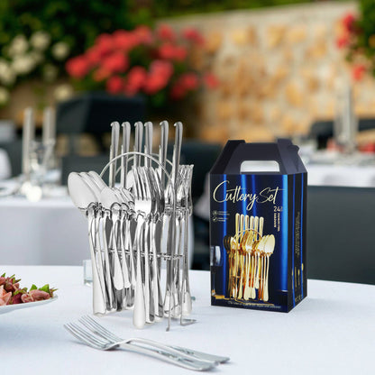 Set Tacâmuri Premium 24 Piese din Oțel Inoxidabil Argintiu cu Suport Metalic, pentru 6 Persoane, Finisaj Lucios, Rezistente la Coroziune, Design