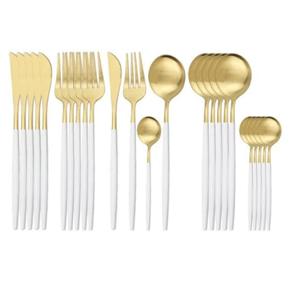 Set Tacâmuri 24 Piese Alb cu Auriu – Oțel Inoxidabil, Finisaj Lucios, Suport Depozitare, Design Elegant pentru Masă Modernă