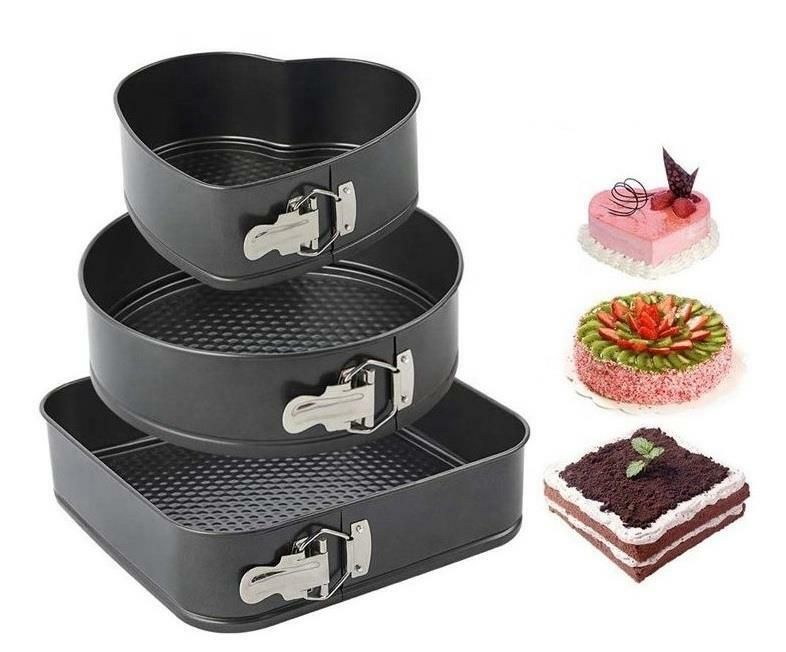 Set 3 Tăvi pentru Tort cu Fund Detașabil – Forme Rotundă, Pătrată și Inimă (24/26/28 cm), Antiaderente, pentru Cheesecake, Pandișpan și Prăjituri