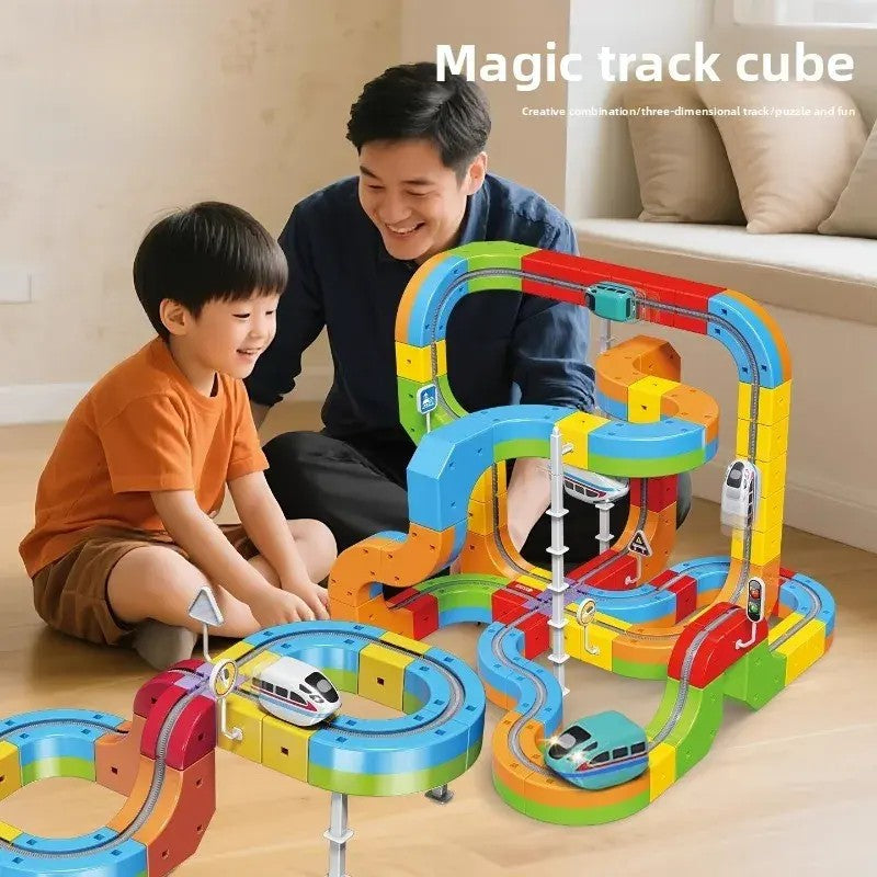 Set Construcție Tren Electric Copii 123 Piese – Pista 3D Modulară Track Cube, Cuburi STEM Educative, Trasee Infinite, 3+ Ani