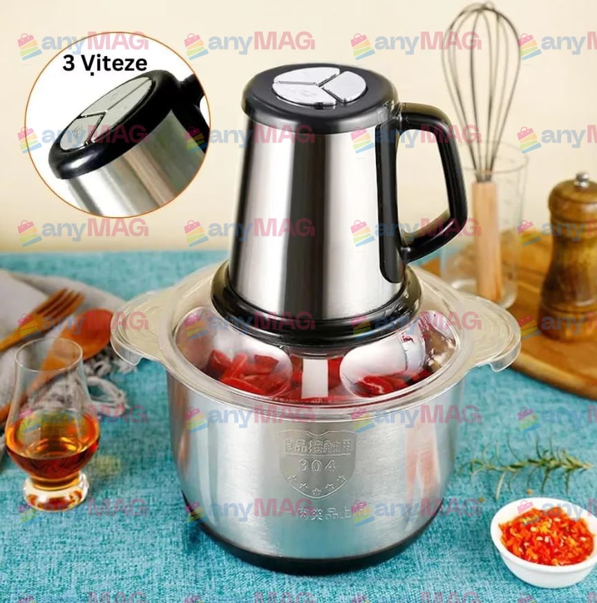 Tocător Electric Profesional 500W – Bol Inox 5L, 5 Lame Oțel, 3 Trepte Viteză – Carne & Legume