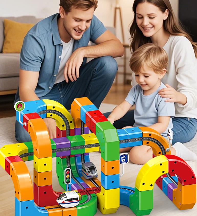 Jucărie Construcție Tren Copii 123 Piese – Pista 3D Modulară Track Cube, Set STEM Creativ cu Cuburi și Trasee, 3+ Ani
