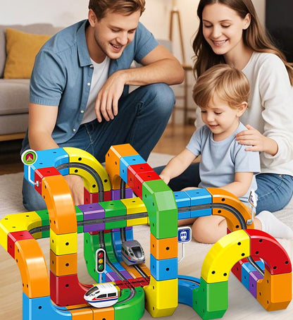 Jucărie Construcție Tren Copii 123 Piese – Pista 3D Modulară Track Cube, Set STEM Creativ cu Cuburi și Trasee, 3+ Ani