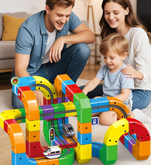 Jucărie Construcție Tren Copii 123 Piese – Pista 3D Modulară Track Cube, Set STEM Creativ cu Cuburi și Trasee, 3+ Ani