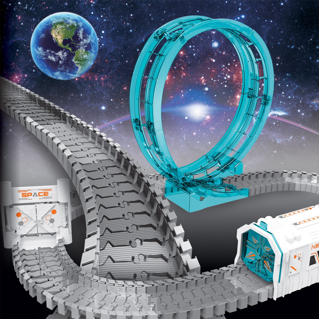 Pistă Auto Spațială pentru Copii 109 Piese – Circuit Flexibil cu Buclă 360°, Mașină cu Lumini, Astronaut și Stație Spațială | Joc DIY Creativ