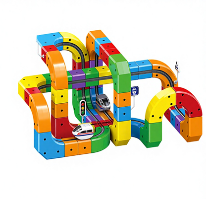 Set Construcție Tren Electric Copii 123 Piese – Pista 3D Modulară Track Cube, Cuburi STEM Educative, Trasee Infinite, 3+ Ani