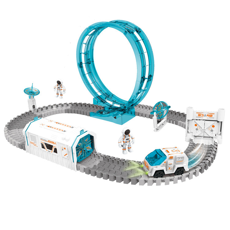 Pistă Auto Spațială pentru Copii 109 Piese – Circuit Flexibil cu Buclă 360°, Mașină cu Lumini, Astronaut și Stație Spațială | Joc DIY Creativ