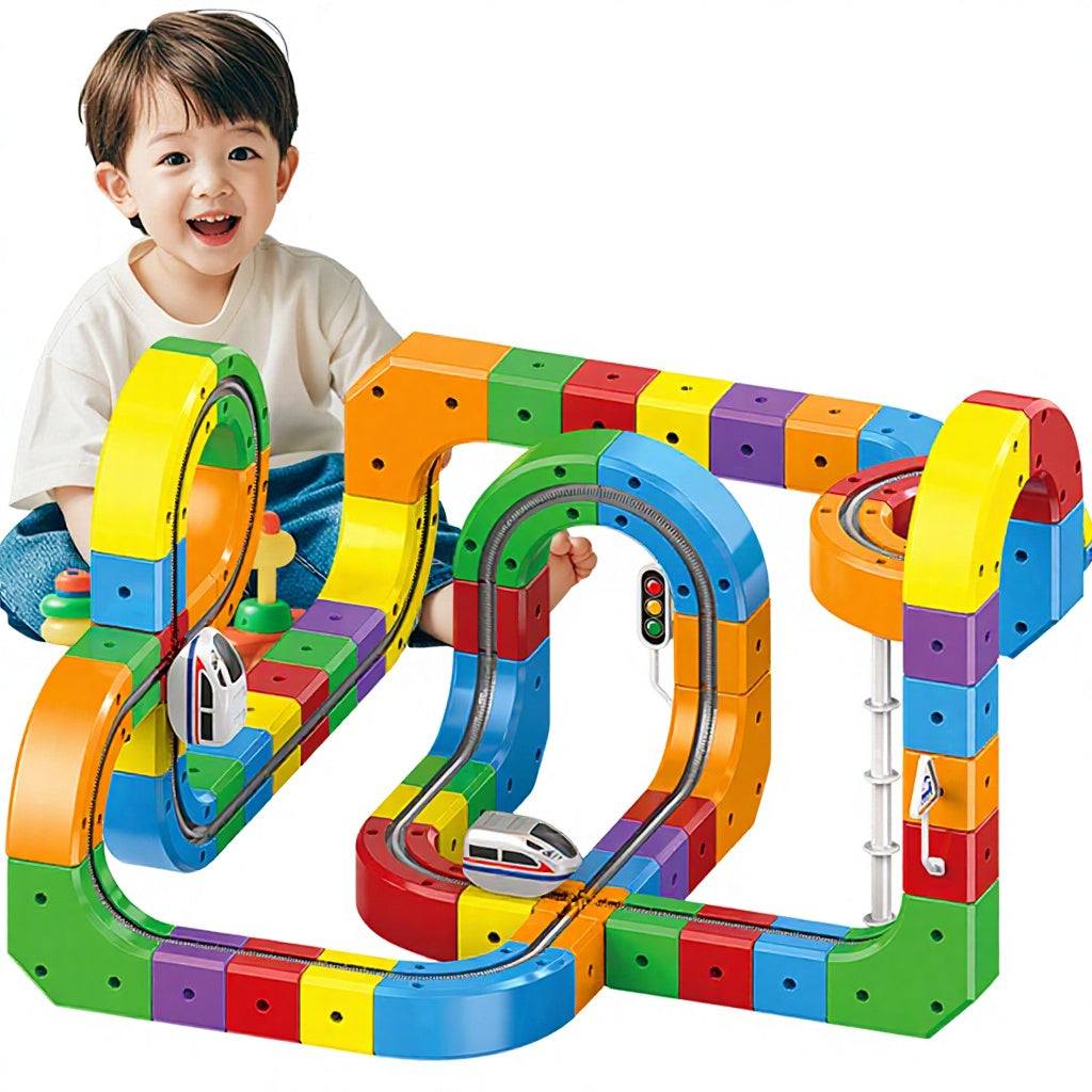 Set Construcție Tren Electric Copii 123 Piese – Pista 3D Modulară Track Cube, Cuburi STEM Educative, Trasee Infinite, 3+ Ani