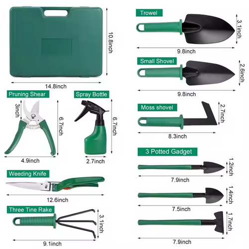 Trusă Unelte Grădinărit 10 Piese din Oțel Inoxidabil cu Cutie de Transport – Set Complet pentru Plantare, Săpat și Îngrijirea Plantelor