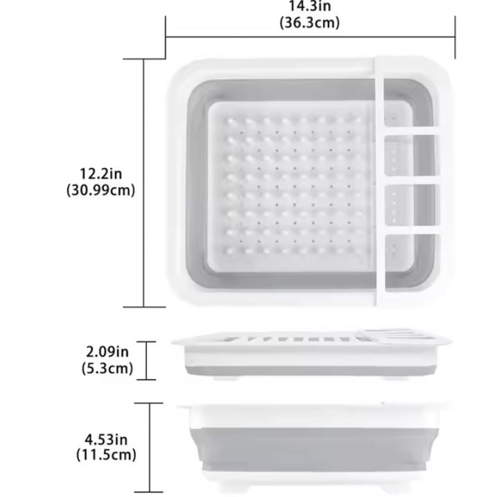 Uscător Pliabil pentru Vase și Tacâmuri cu Picurător – Silicon Premium, Alb/Gri, Compact 36×30.5 cm – Ideal Bucătărie, Camping & Călătorii