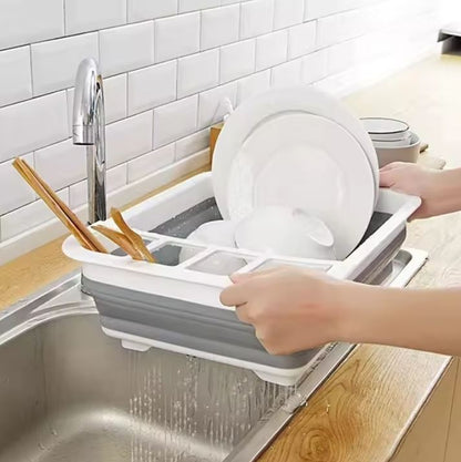 Uscător Pliabil pentru Vase și Tacâmuri cu Picurător – Silicon Premium, Alb/Gri, Compact 36×30.5 cm – Ideal Bucătărie, Camping & Călătorii