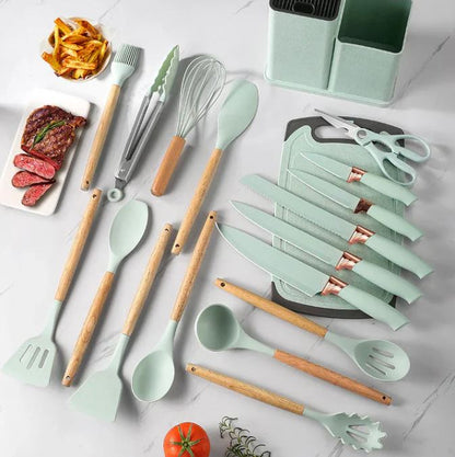 Set Ustensile Bucătărie Premium – 19 Piese din Silicon Alimentar și Lemn Natural, Termorezistente, Antiaderente, cu Suport de Blat Inclus