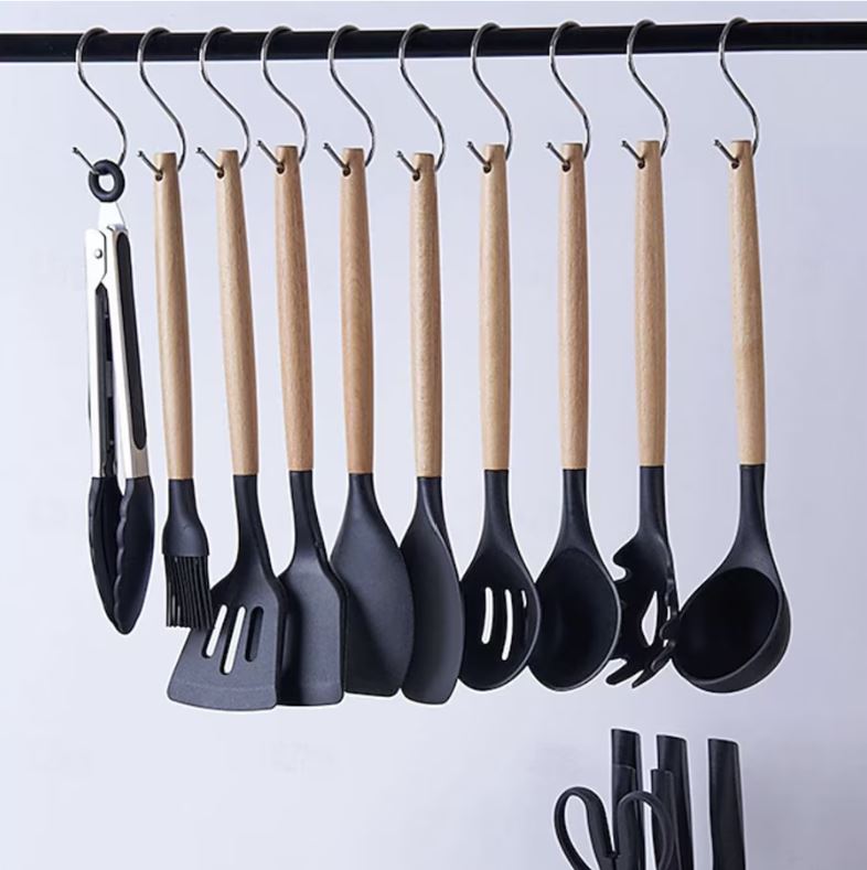 Set Ustensile Bucătărie Premium – 19 Piese din Silicon Alimentar și Lemn Natural, Termorezistente, Antiaderente, cu Suport de Blat Inclus