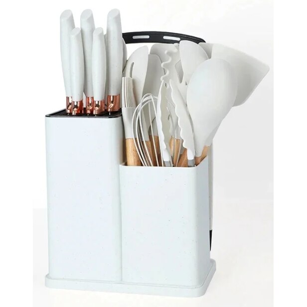 Set Ustensile Bucătărie Premium – 19 Piese din Silicon Alimentar și Lemn Natural, Termorezistente, Antiaderente, cu Suport de Blat Inclus