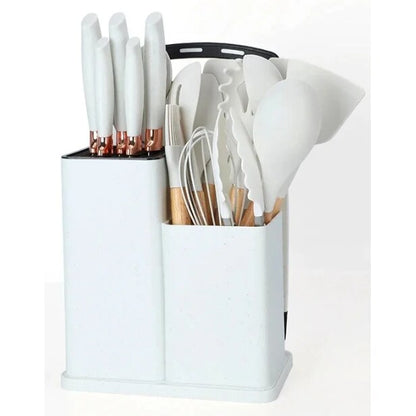 Set Ustensile Bucătărie Premium – 19 Piese din Silicon Alimentar și Lemn Natural, Termorezistente, Antiaderente, cu Suport de Blat Inclus
