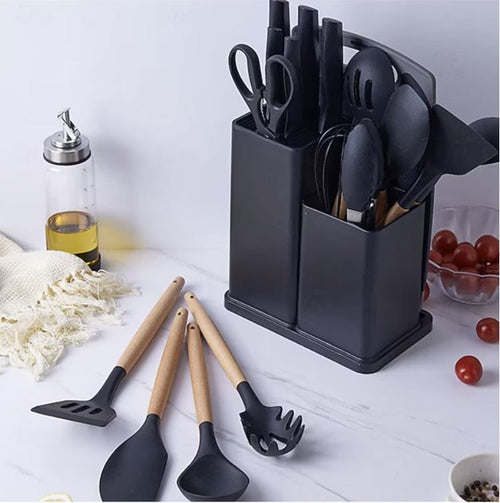 Set Ustensile Bucătărie Premium – 19 Piese din Silicon Alimentar și Lemn Natural, Termorezistente, Antiaderente, cu Suport de Blat Inclus