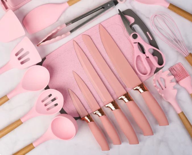 Set Ustensile Bucătărie Premium – 19 Piese din Silicon Alimentar și Lemn Natural, Termorezistente, Antiaderente, cu Suport de Blat Inclus