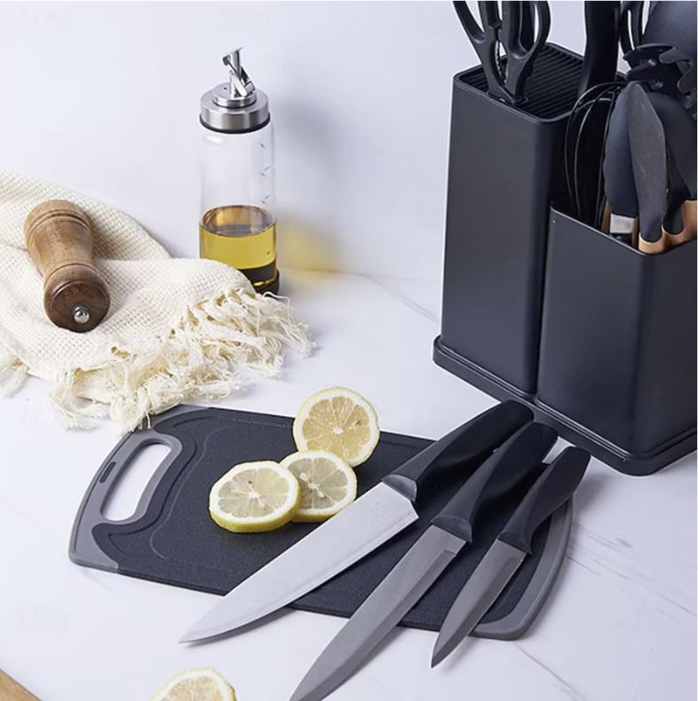 Set Ustensile Bucătărie Premium – 19 Piese din Silicon Alimentar și Lemn Natural, Termorezistente, Antiaderente, cu Suport de Blat Inclus