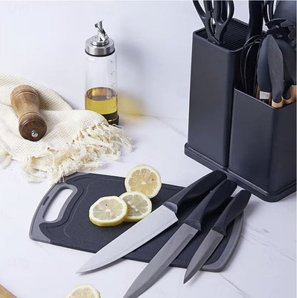 Set Ustensile Bucătărie Premium – 19 Piese din Silicon Alimentar și Lemn Natural, Termorezistente, Antiaderente, cu Suport de Blat Inclus