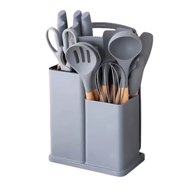 Set Ustensile Bucătărie Premium – 19 Piese din Silicon Alimentar și Lemn Natural, Termorezistente, Antiaderente, cu Suport de Blat Inclus