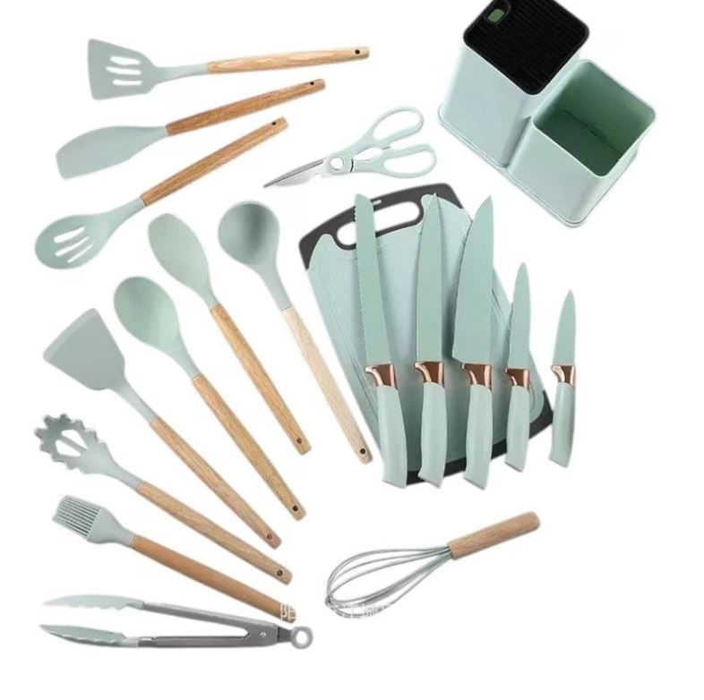 Set Ustensile Bucătărie Premium – 19 Piese din Silicon Alimentar și Lemn Natural, Termorezistente, Antiaderente, cu Suport de Blat Inclus