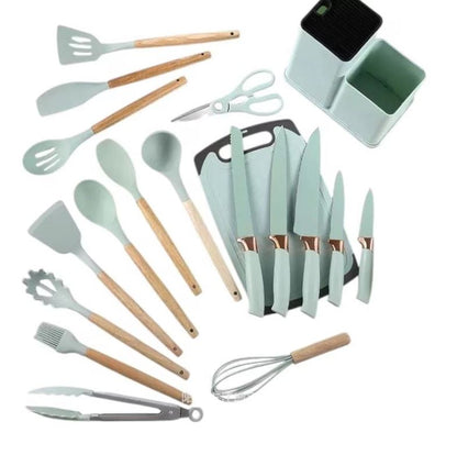 Set Ustensile Bucătărie Premium – 19 Piese din Silicon Alimentar și Lemn Natural, Termorezistente, Antiaderente, cu Suport de Blat Inclus