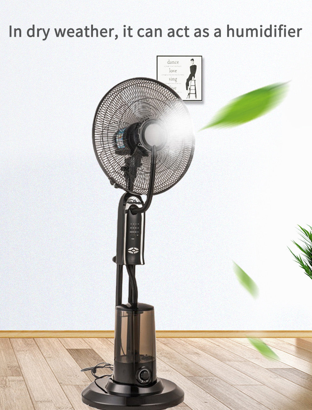 Ventilator cu Pulverizare Apă 2 în 1 și Telecomandă, 75W, Rezervor 3.2L, 3 Viteze, Timer, Umidificare și Răcire pentru Casă sau Terasă