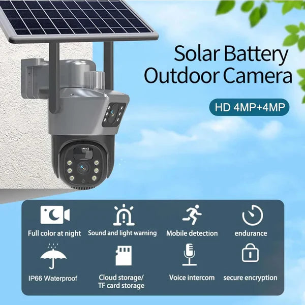 Cameră Supraveghere 4K cu Panou Solar – Dubla Lentilă, 360°, Zoom 10X + Card 32GB !